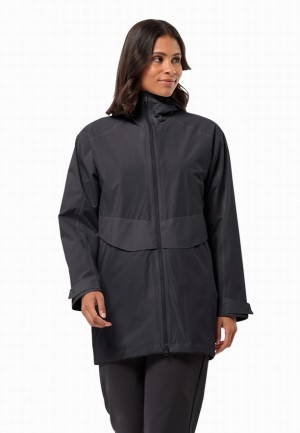 Black Women Jack Wolfskin Mainkai Long Rain Jackets | 81534525