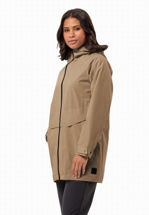 Khaki Women Jack Wolfskin Mainkai Long Rain Jackets | 98232338