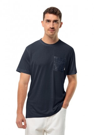 Navy Men Jack Wolfskin Pocket Karana T Shirts | 90070773
