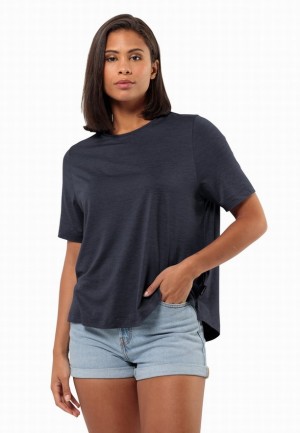 Navy Women Jack Wolfskin Travel T Shirts | 87025663