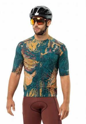 Turquoise Men Jack Wolfskin Gravex Printed Fz S/s T Shirts | 63063104