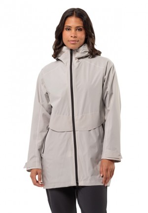 White Women Jack Wolfskin Mainkai Long Rain Jackets | 11787784