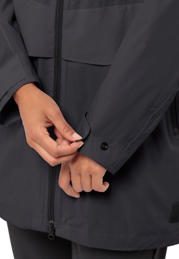 Black Women Jack Wolfskin Mainkai Long Rain Jackets | 81534525