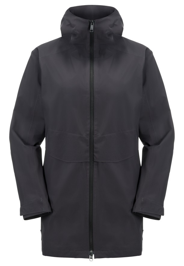 Black Women Jack Wolfskin Mainkai Long Rain Jackets | 81534525