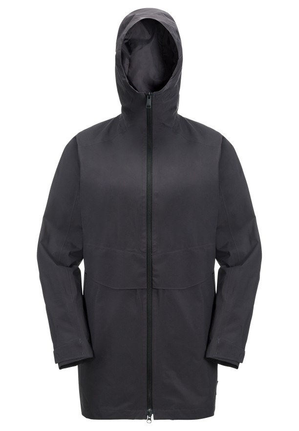 Black Women Jack Wolfskin Mainkai Long Rain Jackets | 81534525