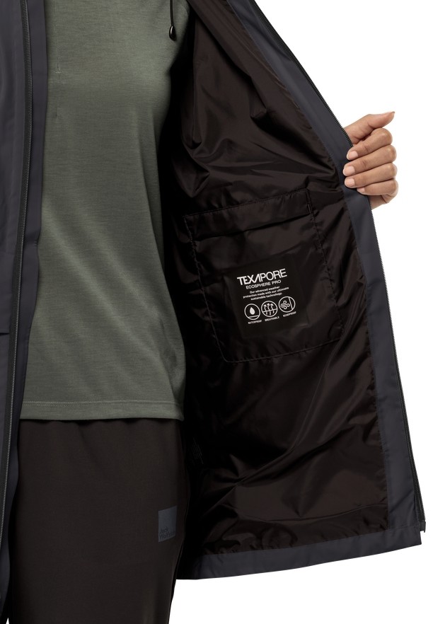 Black Women Jack Wolfskin Mainkai Long Rain Jackets | 81534525