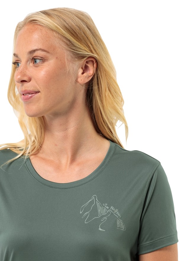 Green Women Jack Wolfskin Peak Graphic T Shirts | 53791212