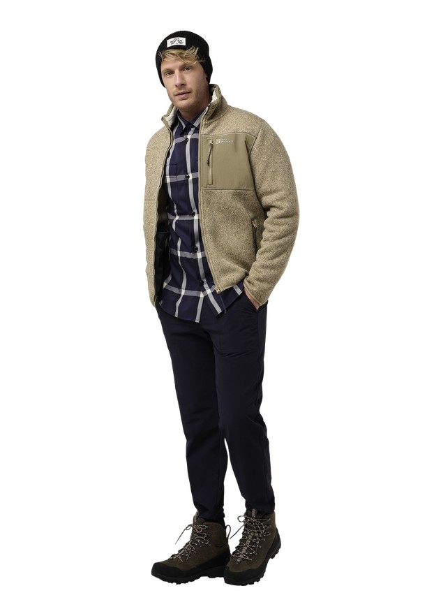 Khaki Men Jack Wolfskin Kaminfeuer Fleece Jackets | 28324087