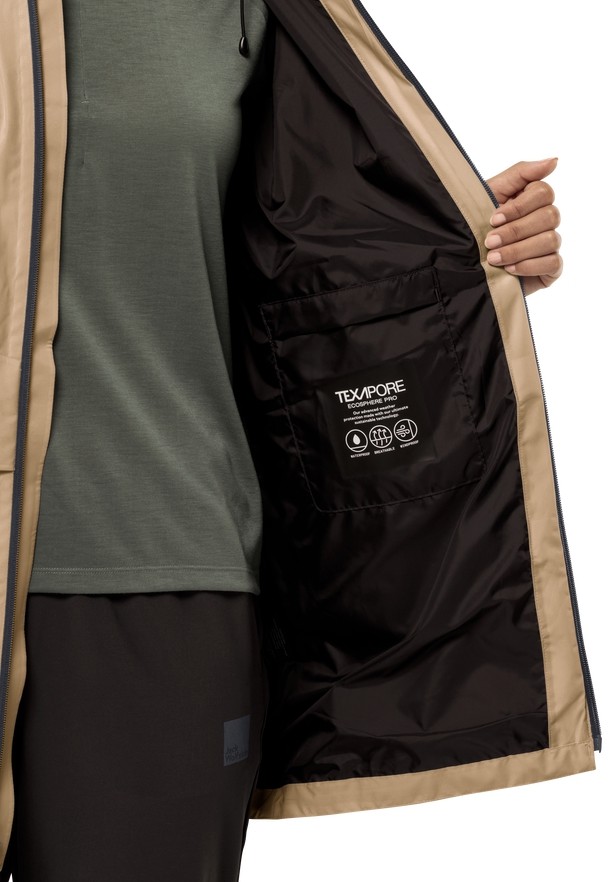 Khaki Women Jack Wolfskin Mainkai Long Rain Jackets | 98232338