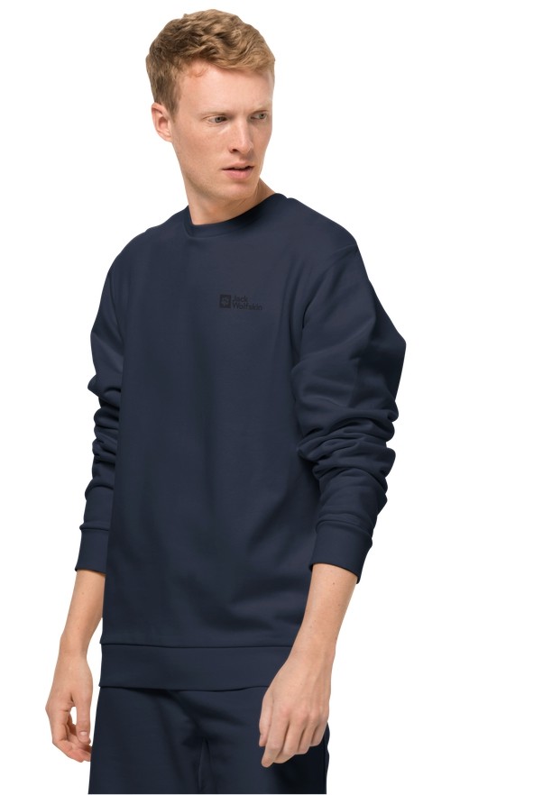 Navy Men Jack Wolfskin Essential Crewneck Sweatshirts | 22137789