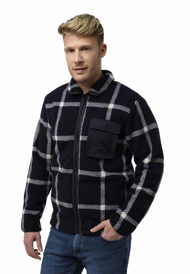 Navy Men Jack Wolfskin Felslicht Check Fleece Jackets | 67306784