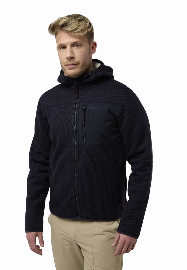 Navy Men Jack Wolfskin Kaminfeuer Hooded Fleece Jackets | 37246908