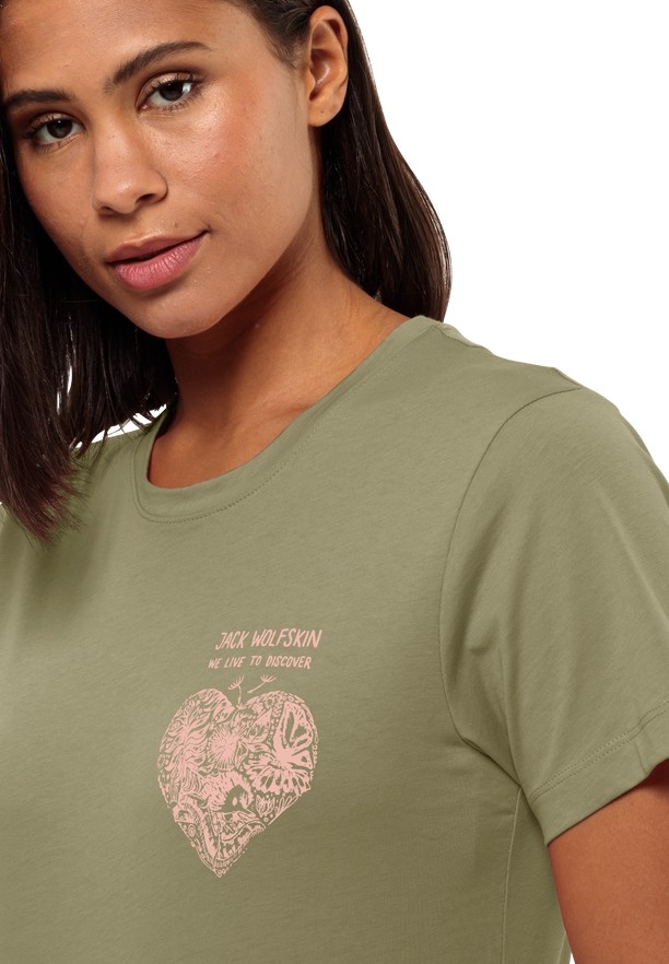 Olive Women Jack Wolfskin Discover Heart T Shirts | 20777864