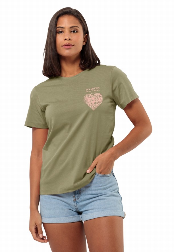 Olive Women Jack Wolfskin Discover Heart T Shirts | 20777864